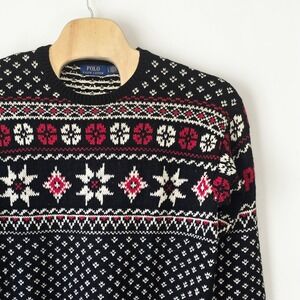Polo Ralph Lauren Mens Fair Isle Sweater Black Red Cotton Cashmere Large